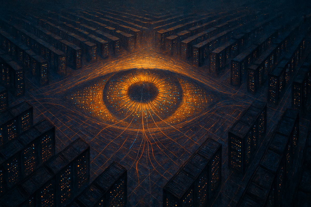Illustration of a data center whose status lights form a single watching eye