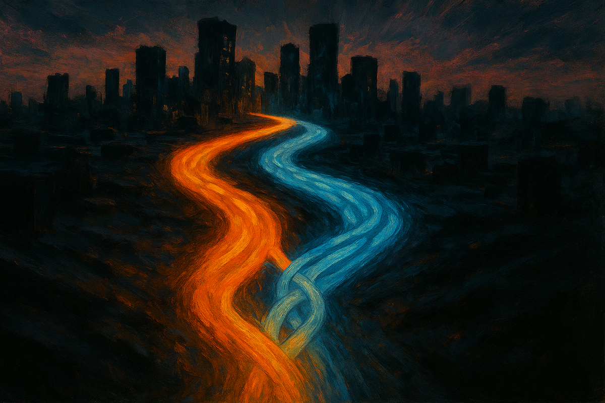 Two glowing streams of light, one warm and one cool, merging into a single luminous channel