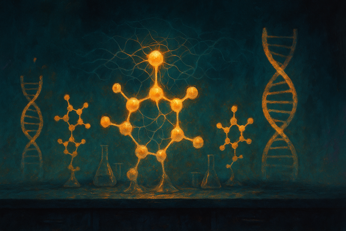 Surreal illustration of glowing molecular structures and DNA strands rising from a dark laboratory bench, symbolizing AI-designed medicine