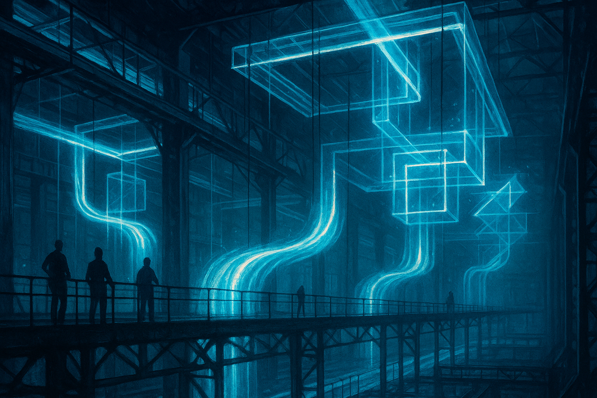 Rivers of blue light flowing continuously through an industrial lattice, a metaphor for stream processing