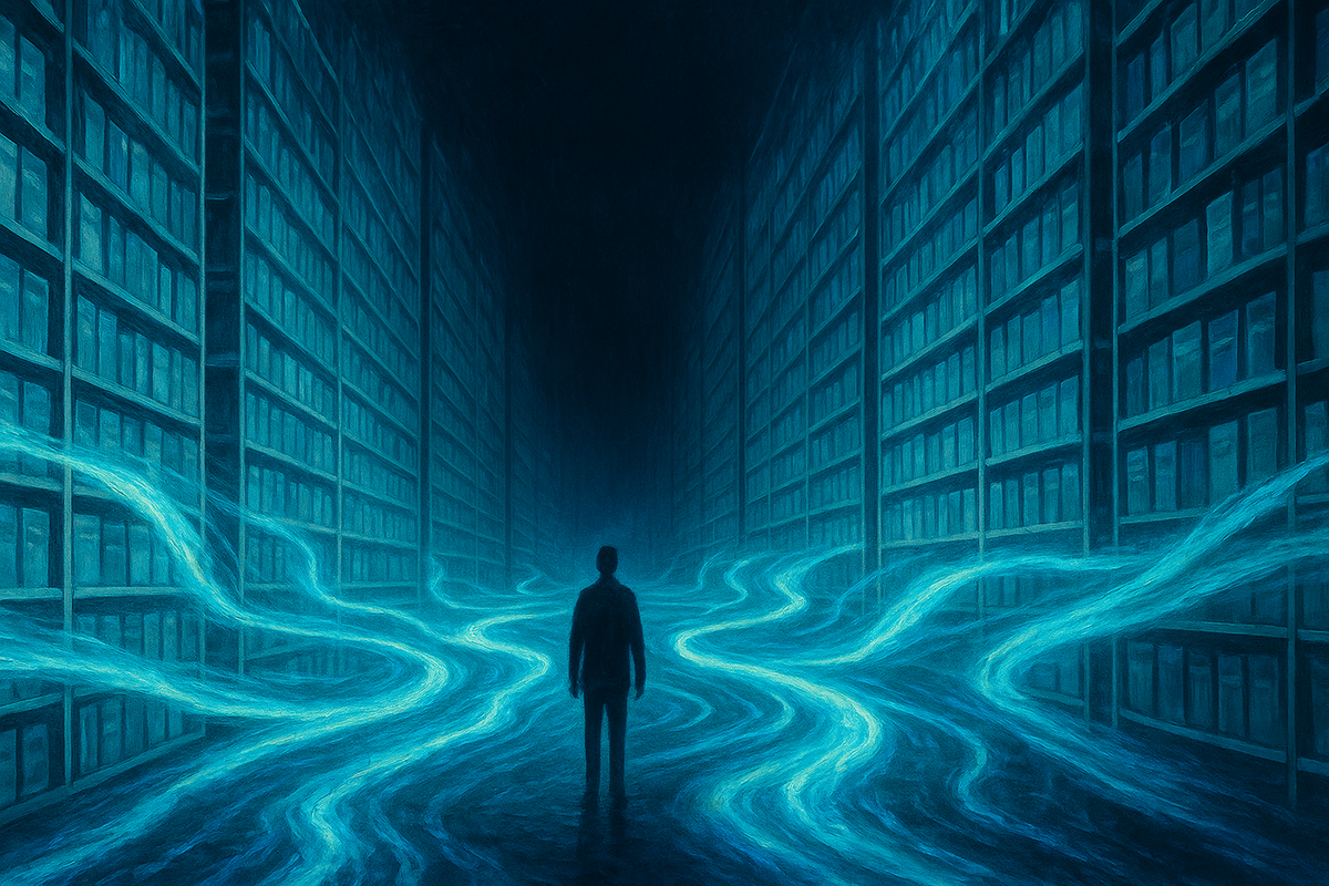 Editorial illustration of glowing data streams through glass archive shelves