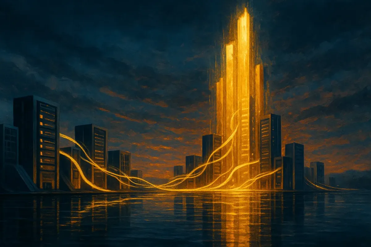 A luminous data lake reflecting rising towers of golden light, symbolizing Databricks' rising valuation