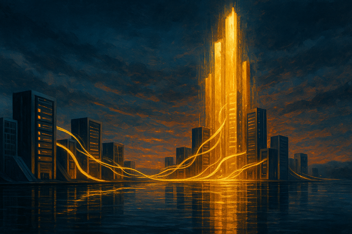 A luminous data lake reflecting rising towers of golden light, symbolizing Databricks' rising valuation