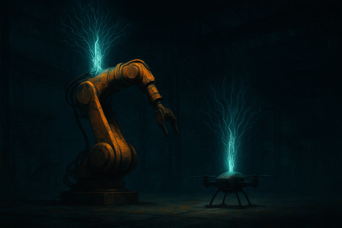 Painterly illustration of a robot arm and drone running AI locally in a dark factory