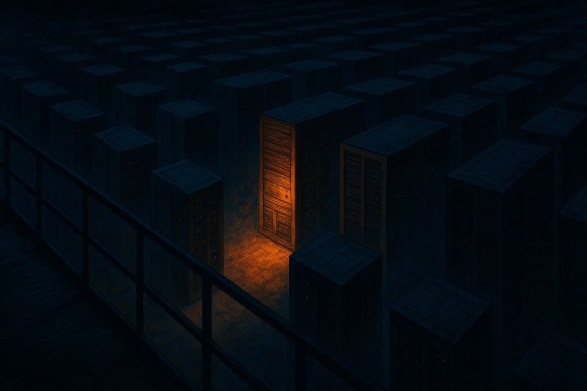 Illustration of a single glowing server among thousands in a dark data hall