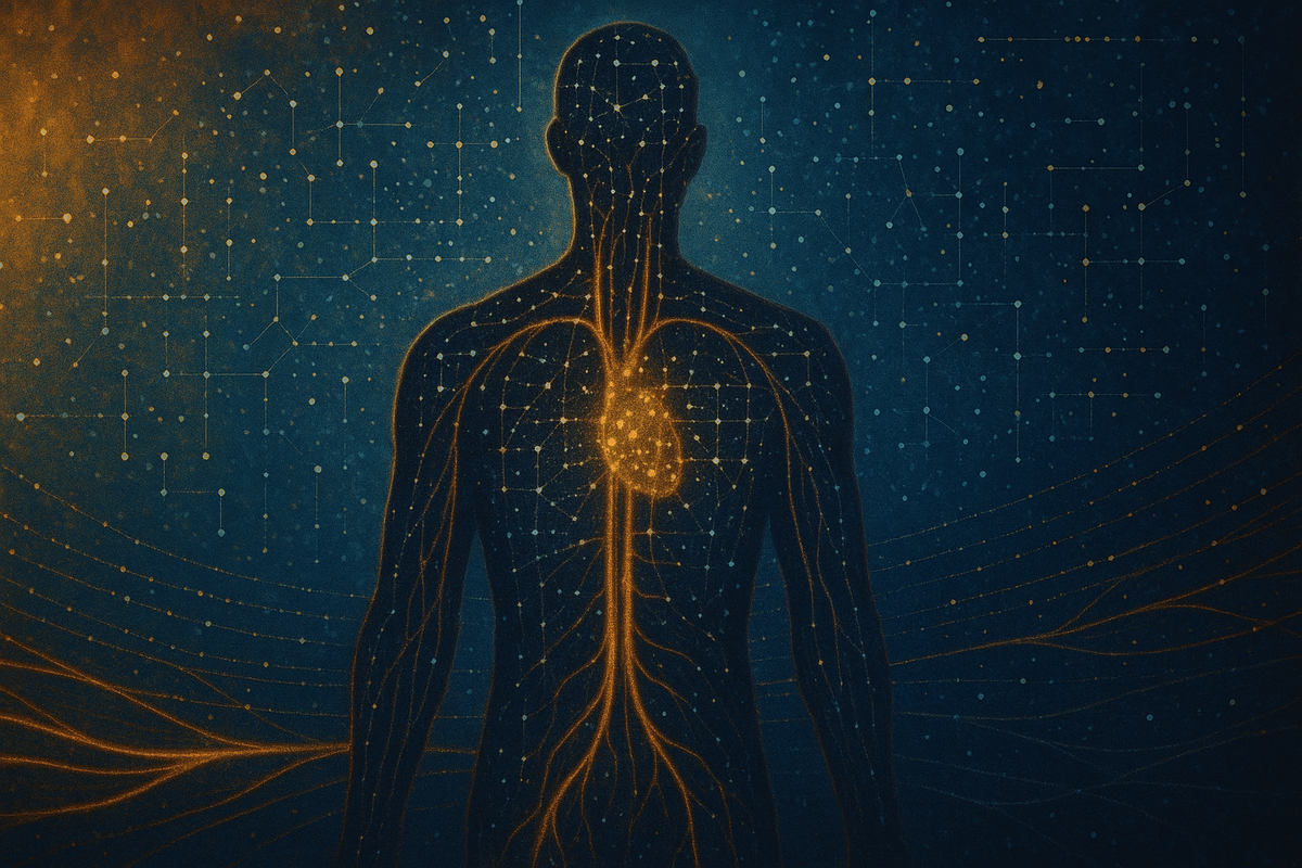 Editorial illustration of a human silhouette rendered as luminous biomarker data and bloodstream light trails