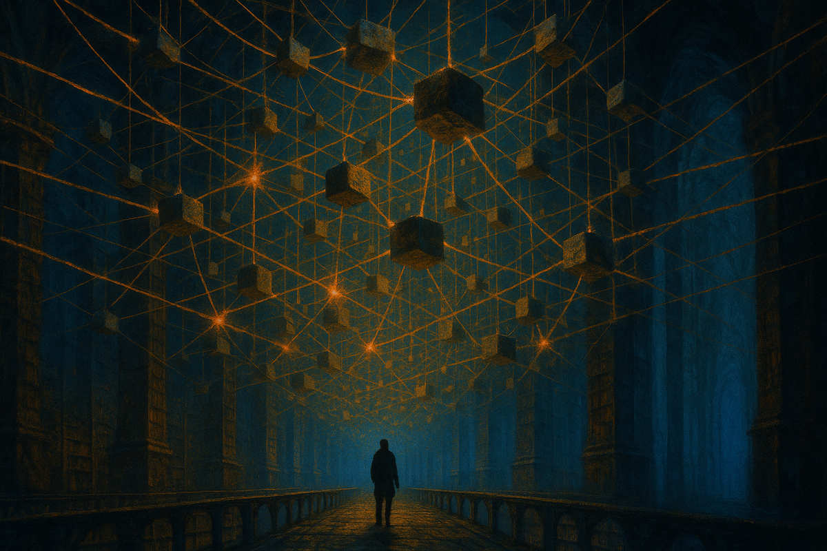Illustration of a vast glowing three-dimensional network lattice