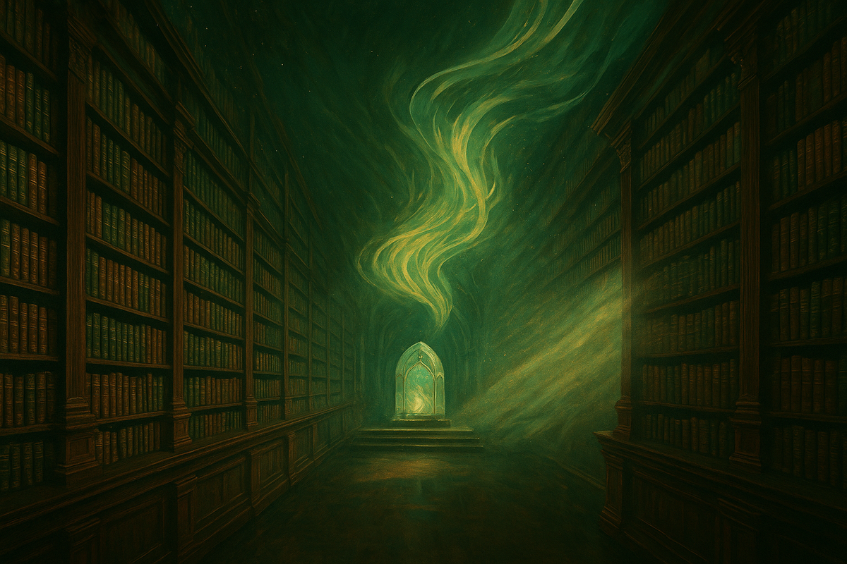 Editorial illustration of a vast library of legal volumes dissolving into streams of light toward a single luminous vault