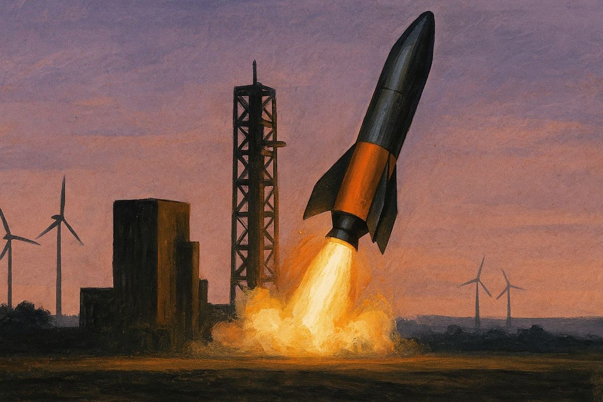 Editorial illustration of a hybrid rocket engine igniting at a European launch pad at dusk