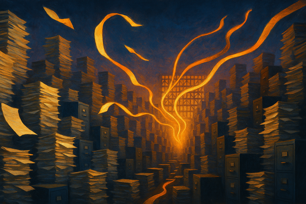 Painterly illustration of paper archives dissolving into streams of ordered amber data