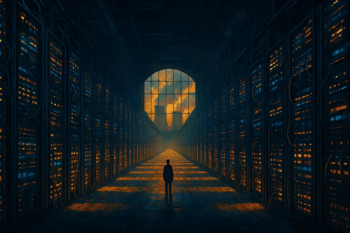 Rows of illuminated server racks stretching through a vast AI data center hall