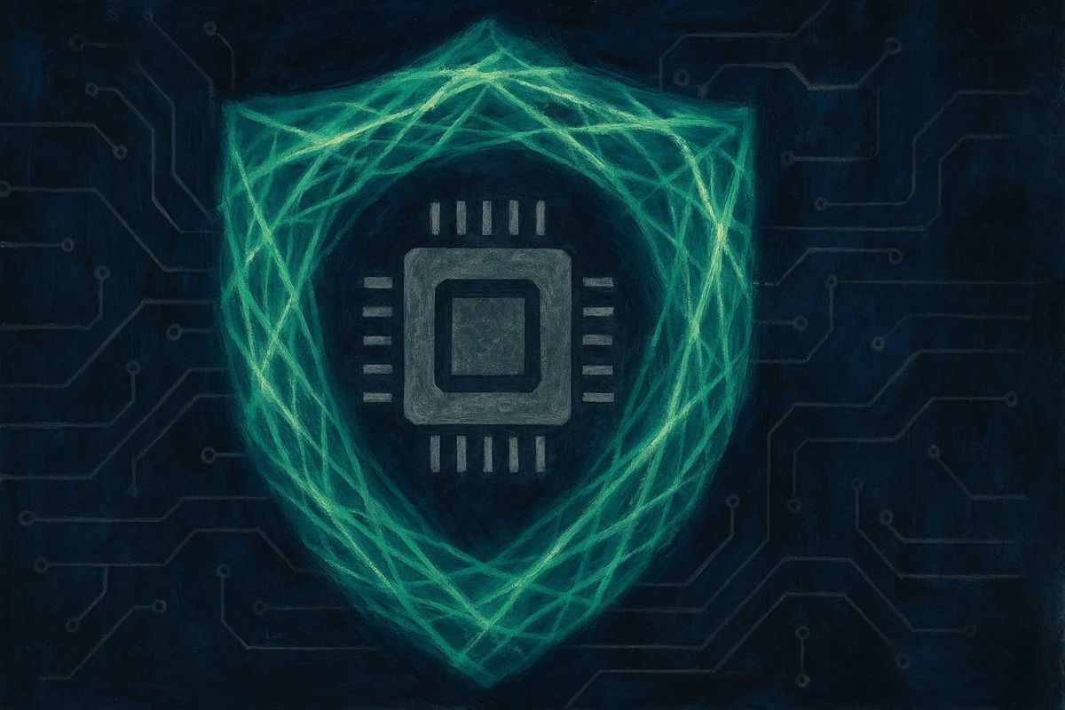 Editorial illustration of a glowing green network shield surrounding a microchip, representing AI cybersecurity infrastructure