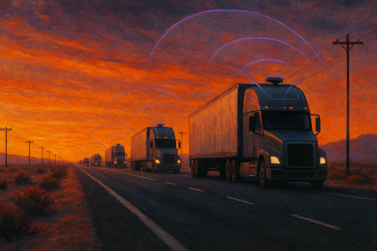 Illustration of a convoy of driverless freight trucks on a desert interstate at dusk