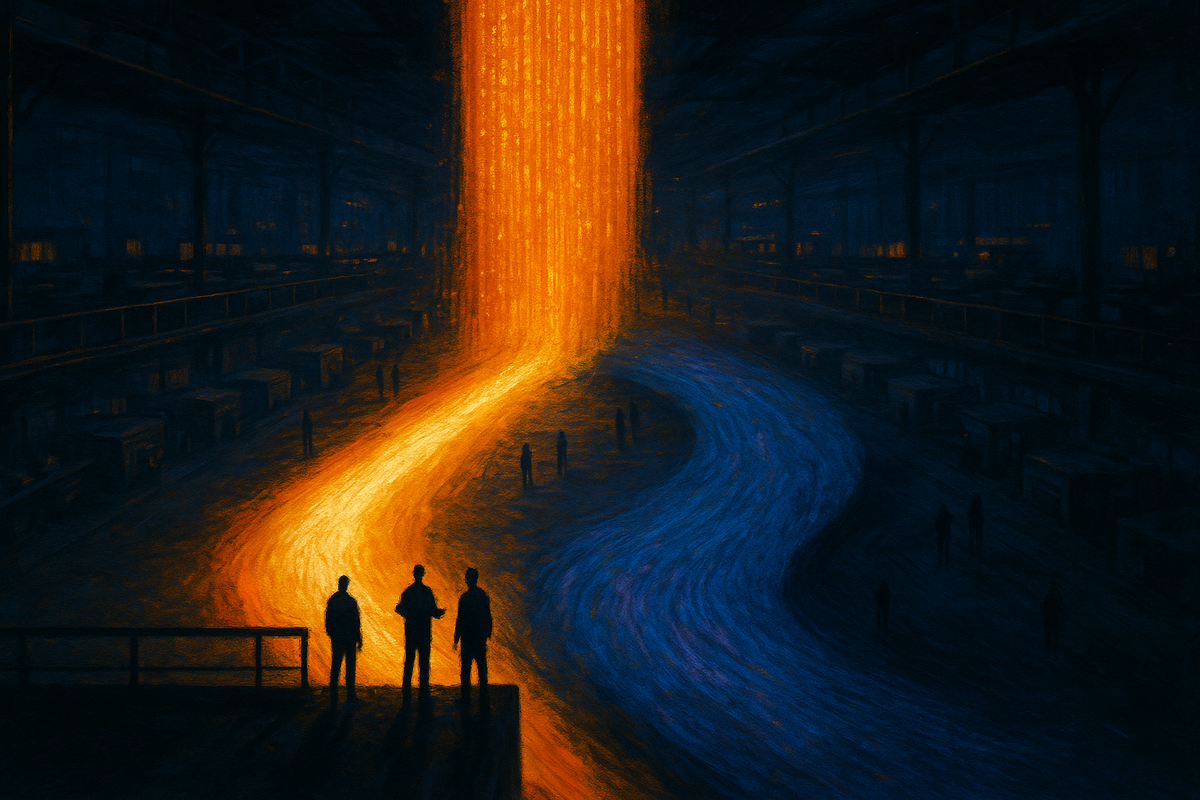 Illustration of a stream of security telemetry splitting into a hot analytics channel and a cold data-lake channel