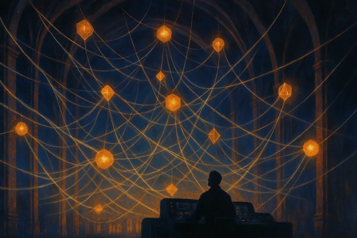 Abstract illustration of interconnected glowing nodes representing AI agent orchestration