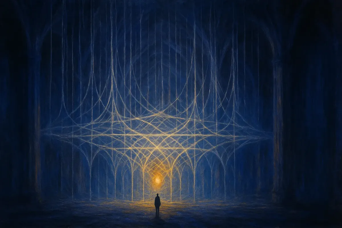 Painterly illustration of a vast canopy of pale filaments descending into a glowing lattice of light