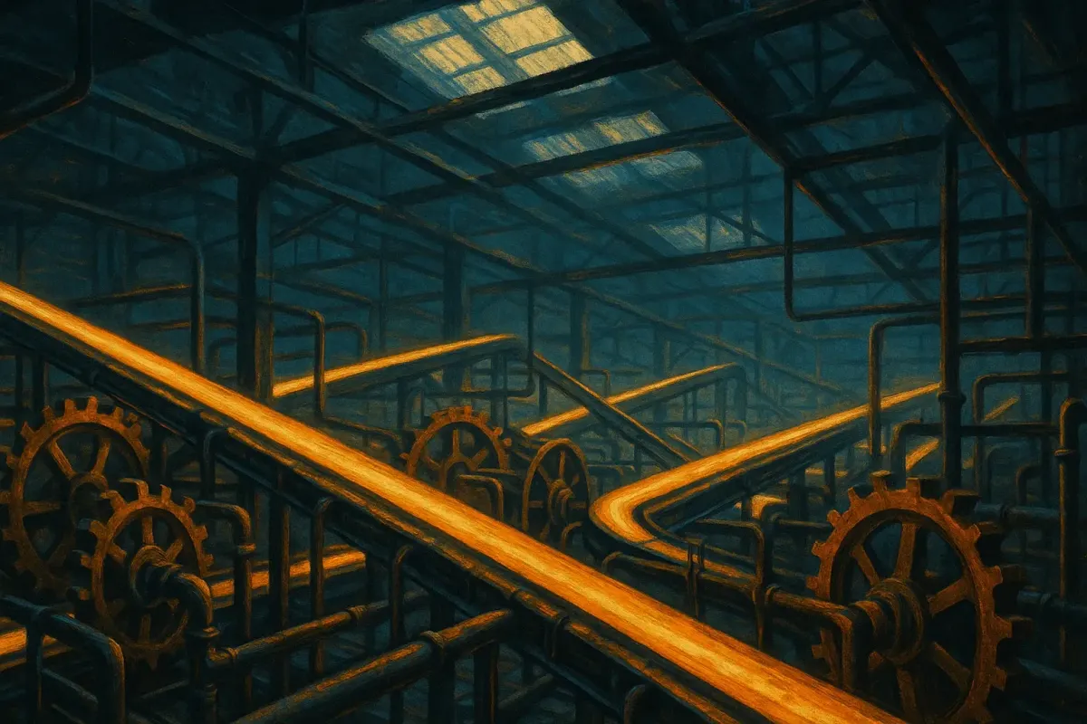 Abstract industrial illustration of interlocking gears and glowing conveyor systems symbolizing automated data workflow orchestration