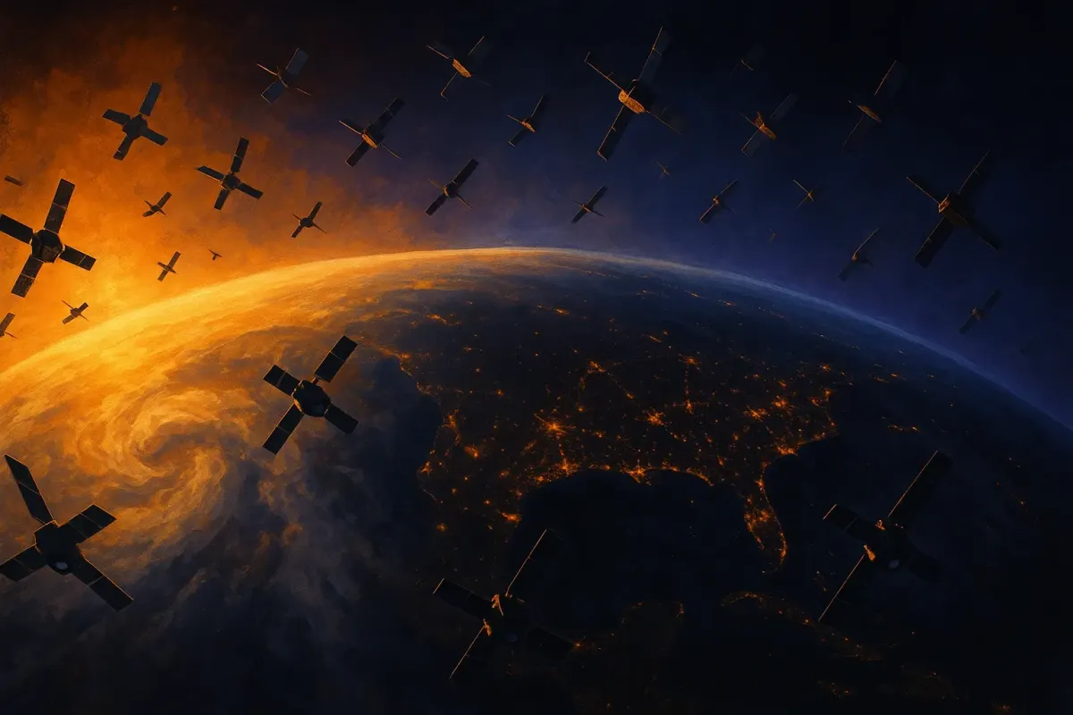 Illustration of small satellites in low orbit above the Earth's terminator line, sensors turned toward a storm-covered continent