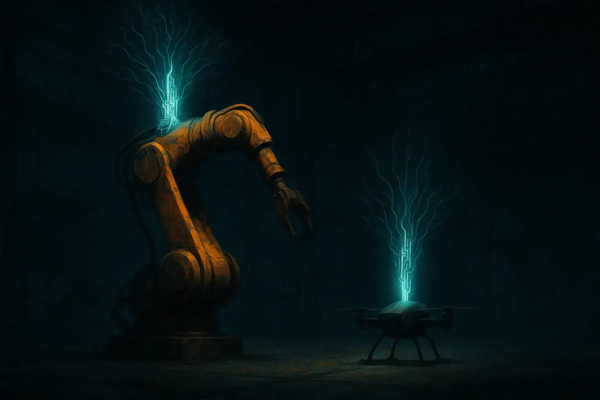 Painterly illustration of a robot arm and drone running AI locally in a dark factory