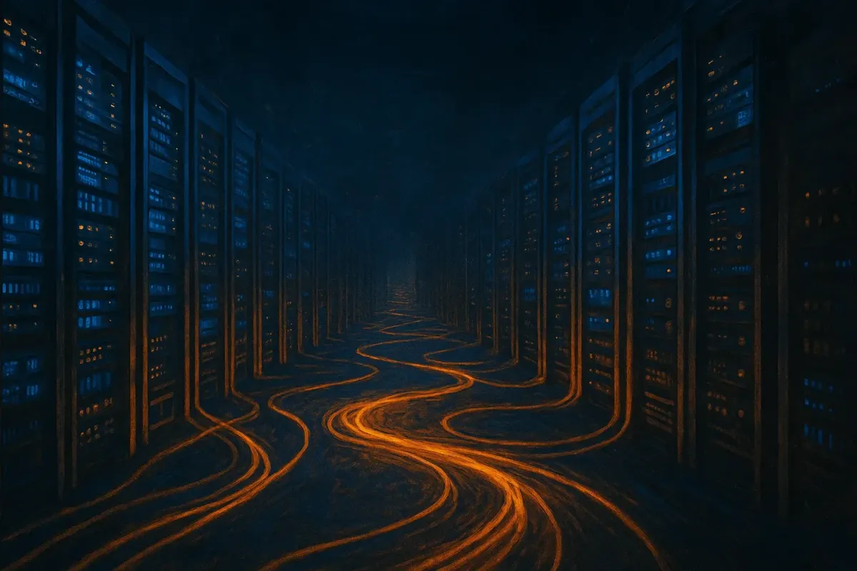 Cinematic illustration of a vast glowing data center representing GPU cloud infrastructure for AI