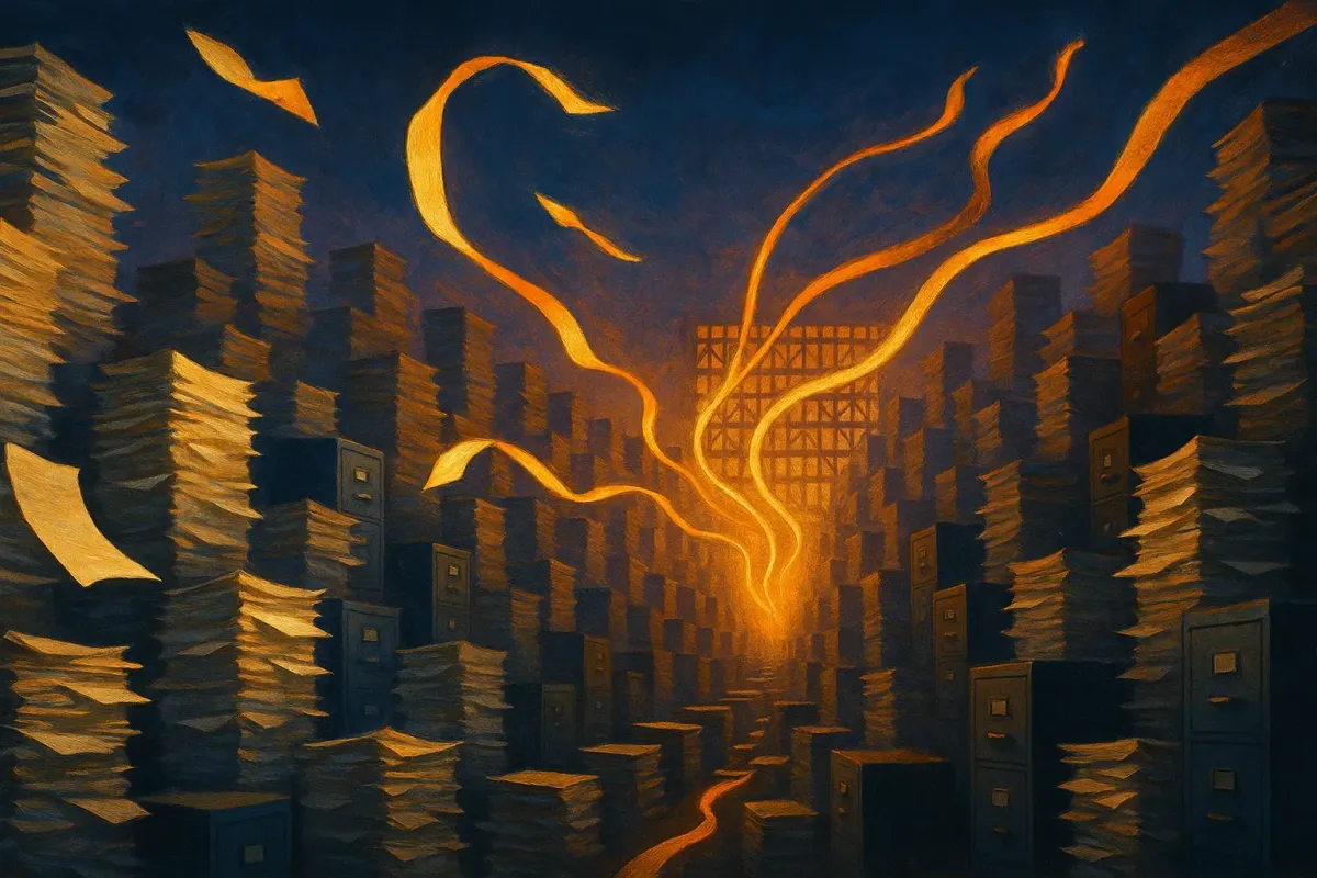 Painterly illustration of paper archives dissolving into streams of ordered amber data