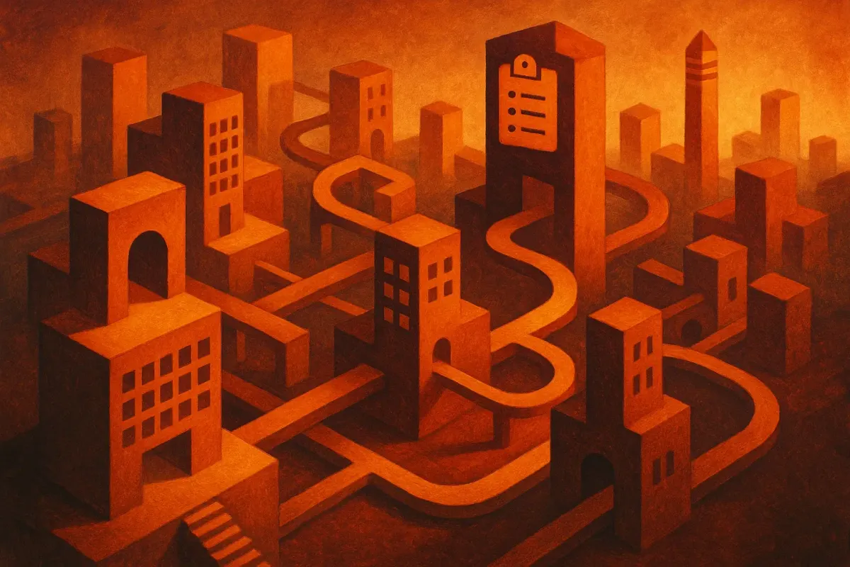 Abstract editorial illustration of an interconnected architectural network representing an engineering control tower