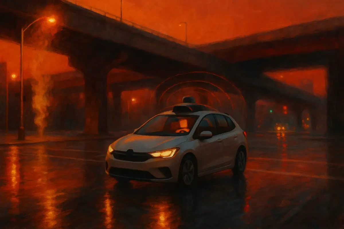 Driverless electric taxi with an empty front seat crossing a downtown intersection at dusk