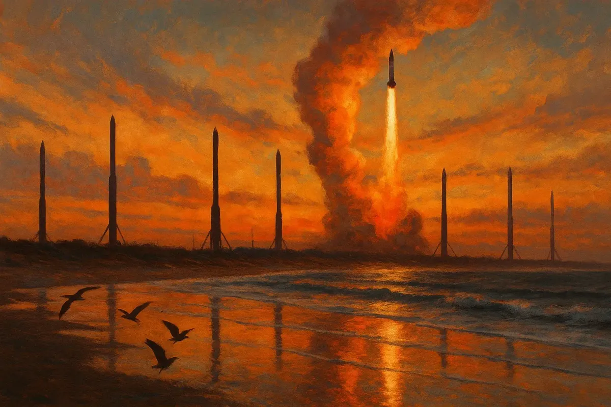 Illustration of seven launch towers along a coastal range at dawn, one rocket rising