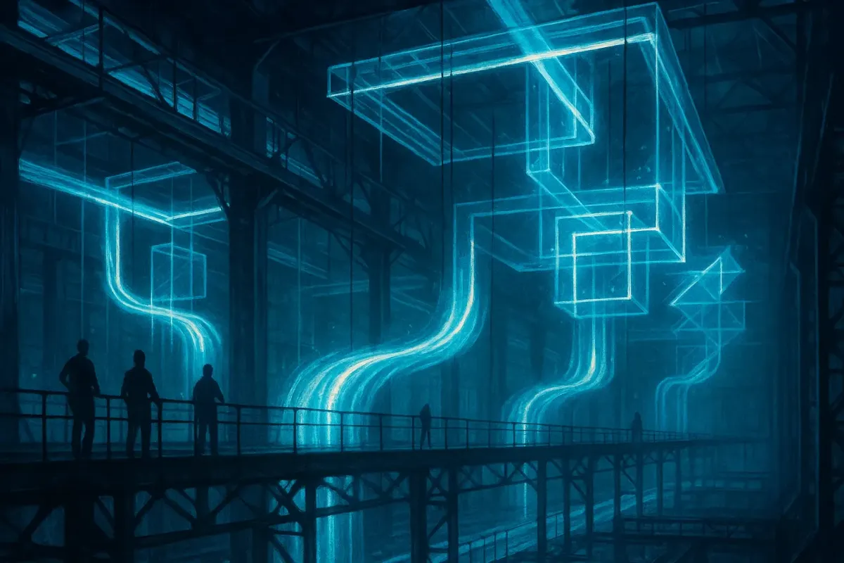 Rivers of blue light flowing continuously through an industrial lattice, a metaphor for stream processing