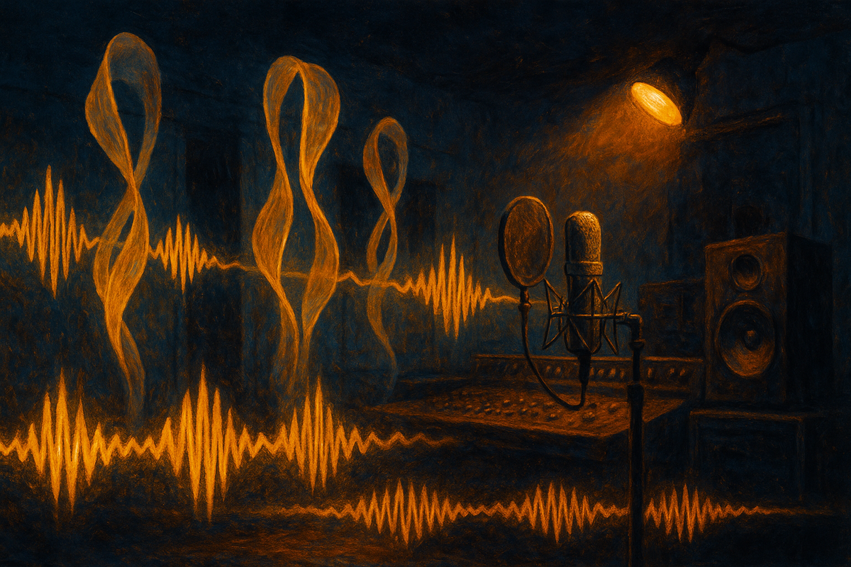 Editorial illustration of glowing voice waveforms in a dark studio