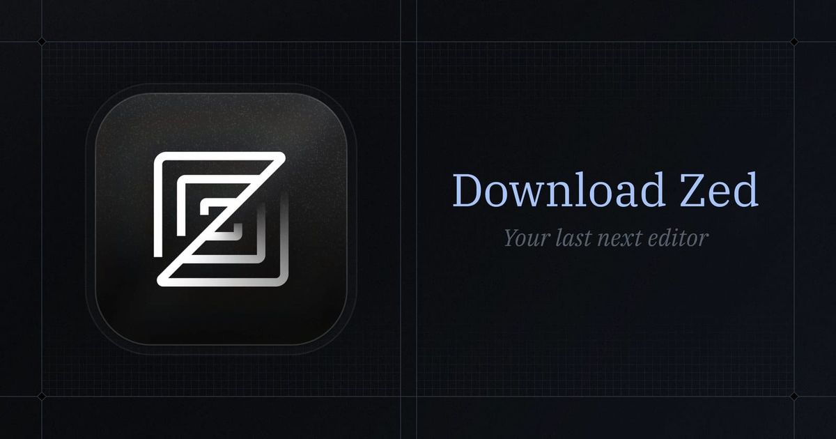 The Zed code editor download page showing the native Rust editor interface