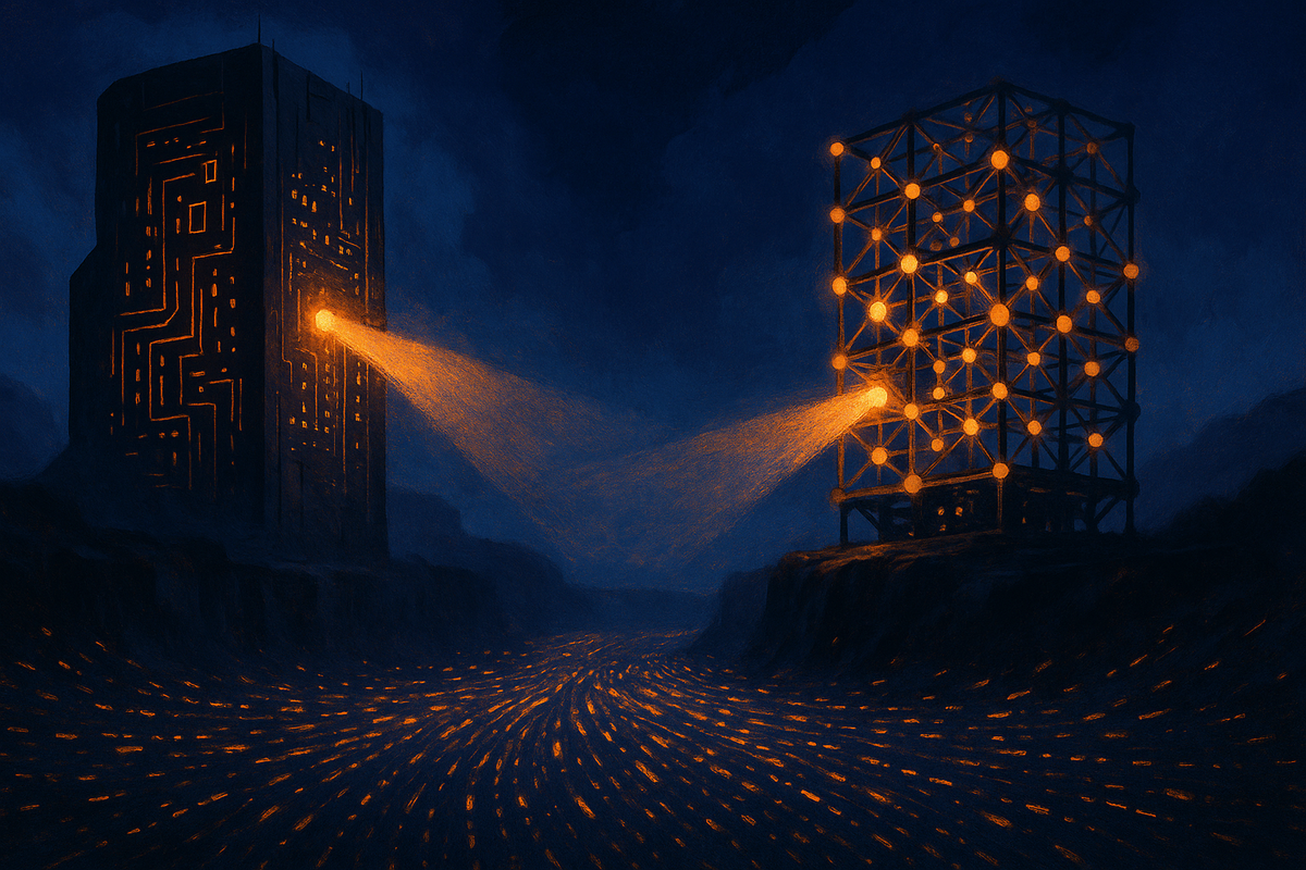 Editorial illustration of two data platforms facing across a stream of log data: a sealed proprietary tower and an open modular lattice of lit nodes