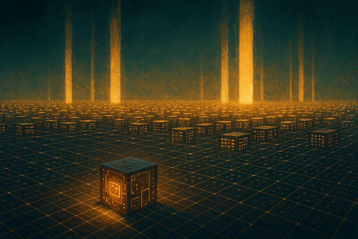 Editorial illustration contrasting one small glowing analytics engine with a vast distributed grid of lit server nodes stretching to the horizon