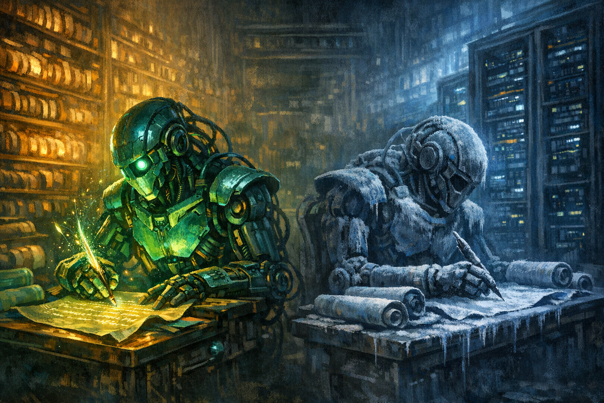 Illustration contrasting an active, maintained coding agent with a dormant, frozen one
