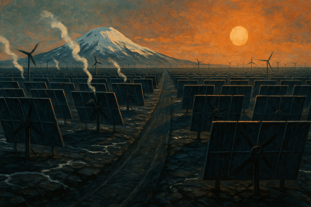 Illustration of a vast direct air capture installation on volcanic terrain under a low bronze sun