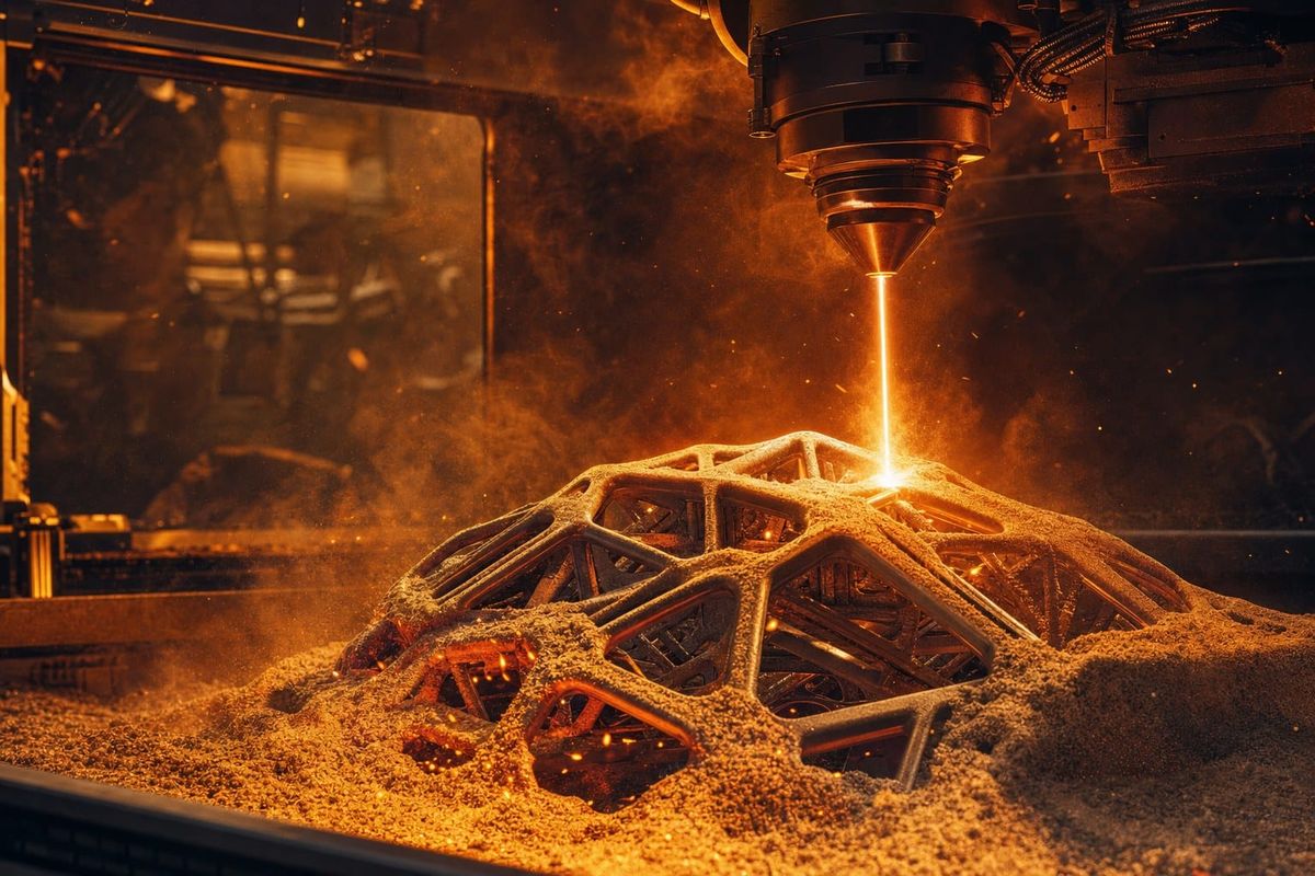 Illustration of a complex 3D-printed lattice object rising from a powder bed under a laser