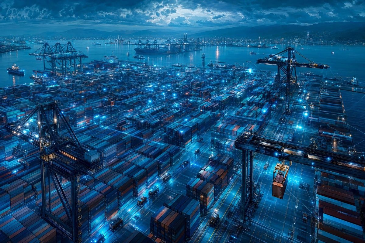 Illustration of an automated container port arranging stacked shipping containers into grids at dusk