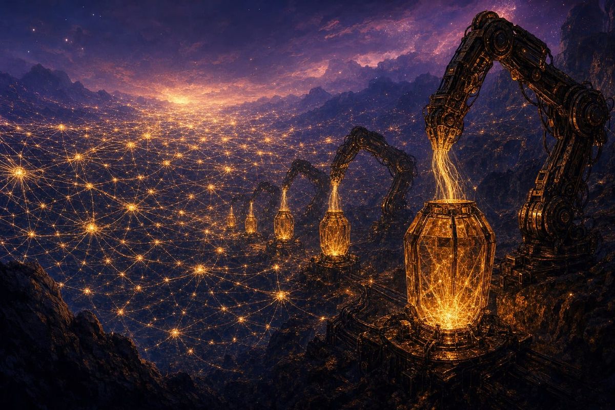 Illustration of mechanical arms harvesting glowing threads of structured data from a web of nodes, representing web scraping