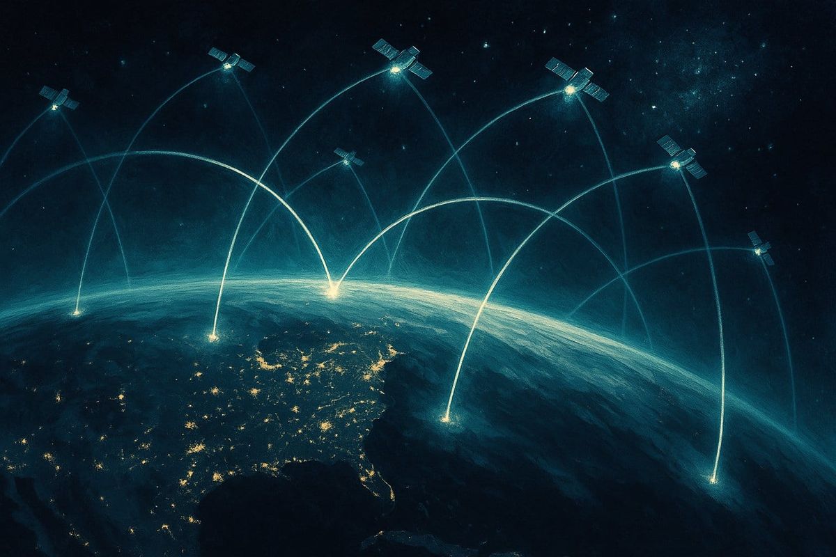 Satellite internet constellation orbiting Earth at night