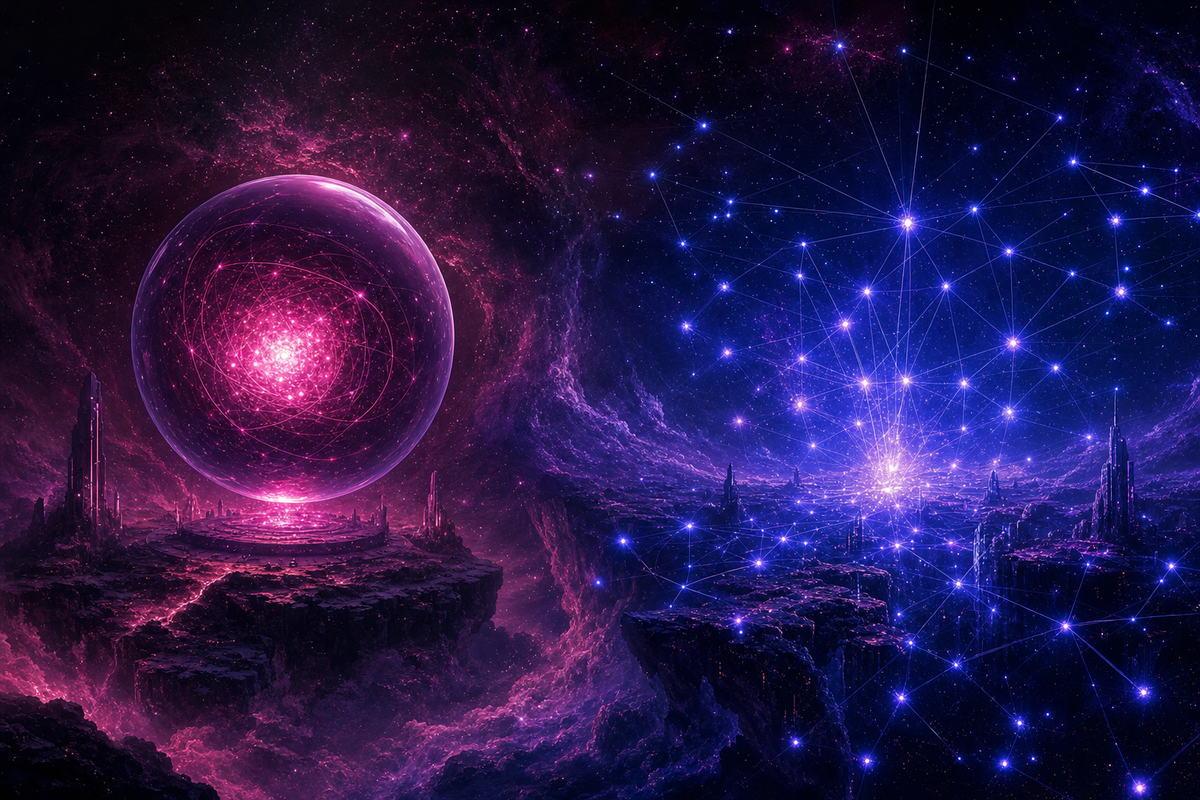 Illustration of a sealed magenta orb beside an open indigo lattice in a field of data points, representing managed Pinecone versus open-source Weaviate