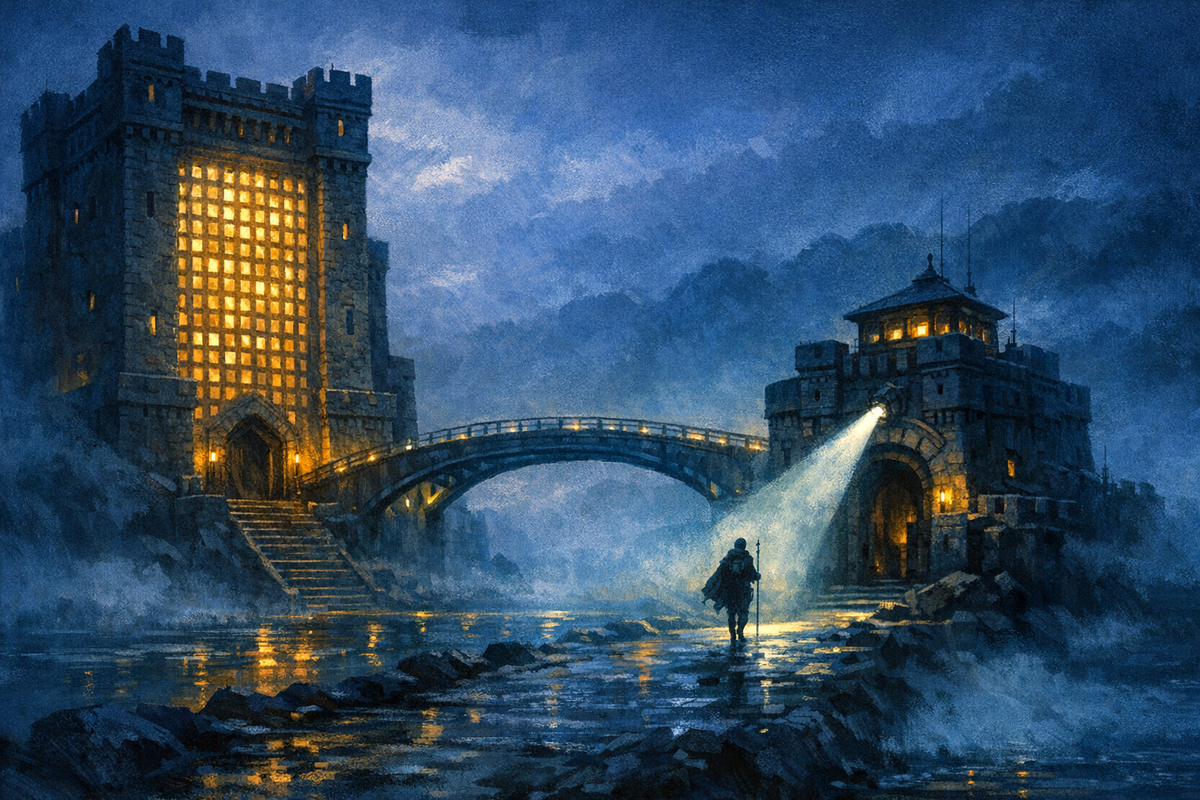 Two illustrated fortress gatehouses linked by a bridge of light, representing identity and access security working together.