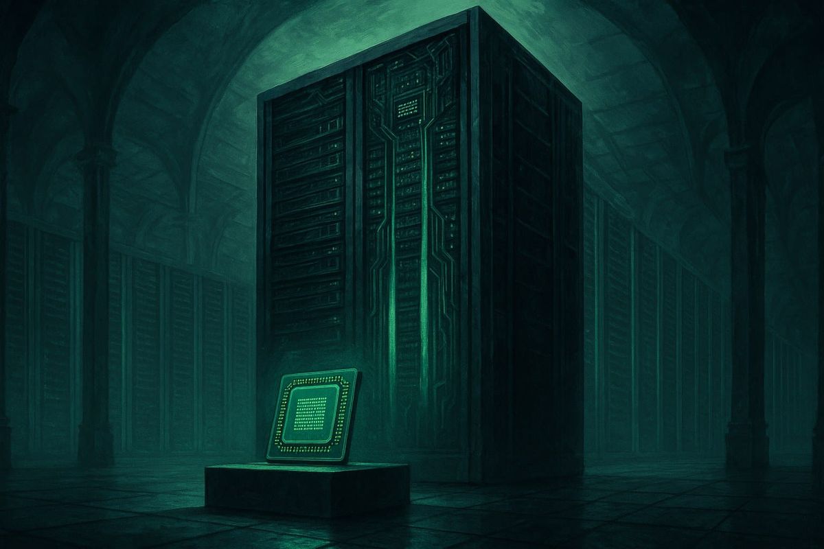 A single glowing processor beside a towering liquid-cooled server rack in a vast data hall, illustrating the scale difference