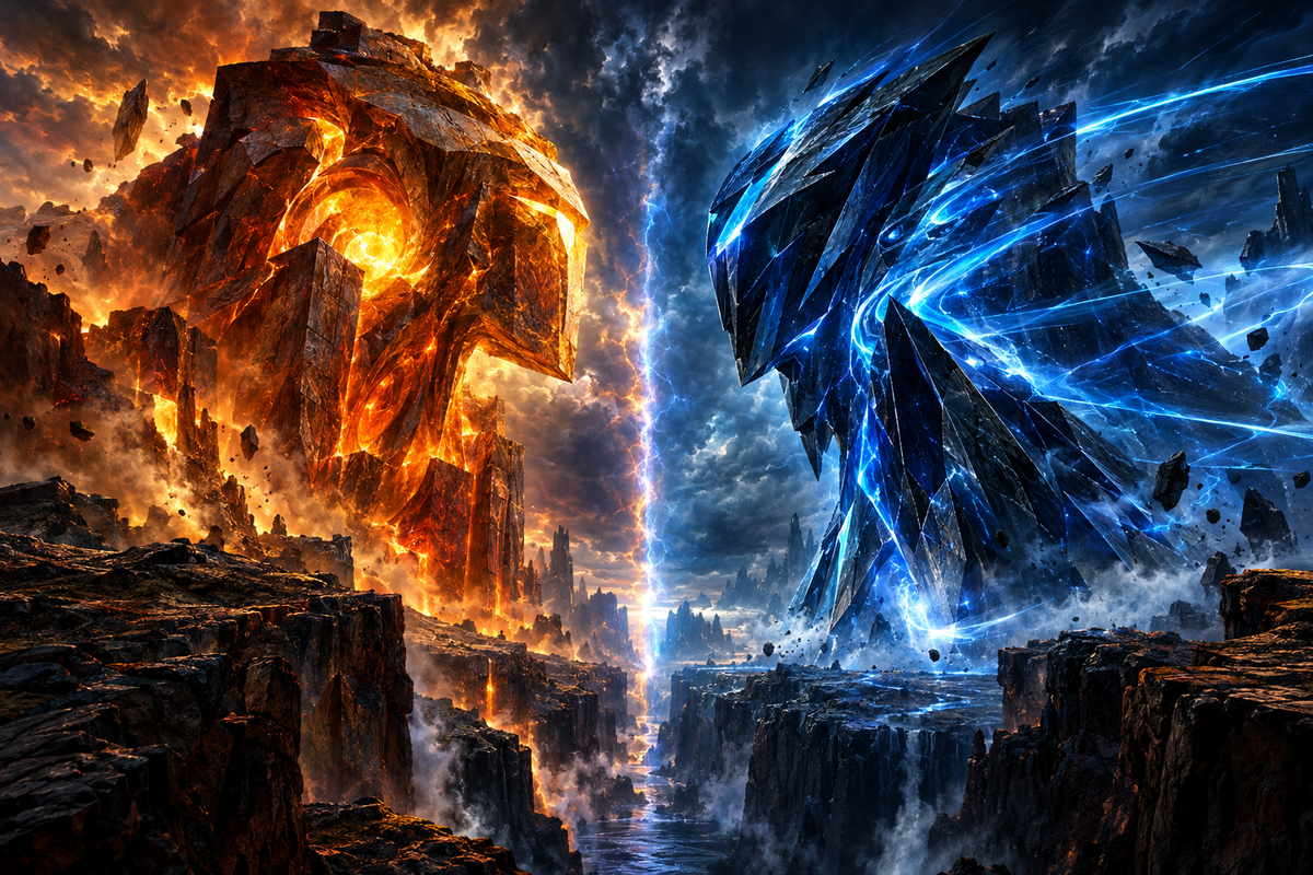 Two colossal abstract monoliths, one molten amber and one electric blue, face off across a dark canyon, illustrating Grok ver