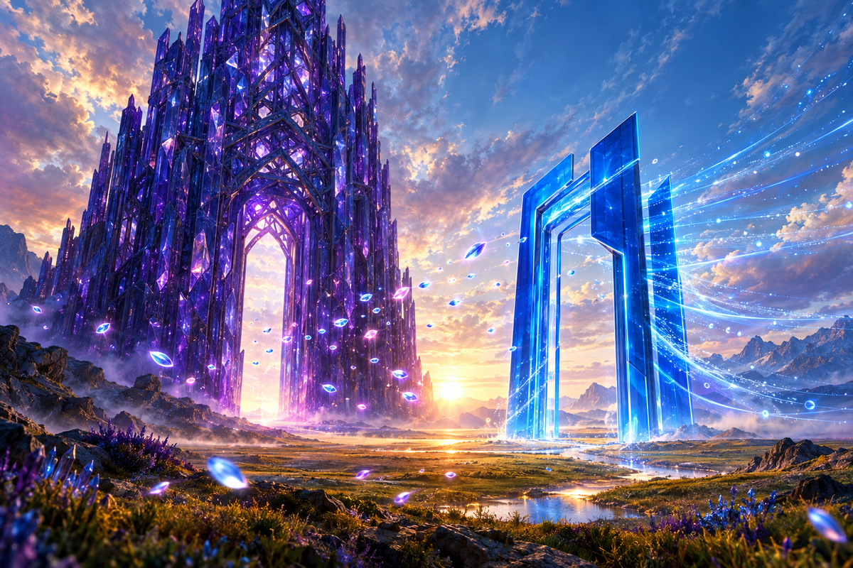 Two glowing open gateways, one violet crystal and one cobalt blue, stand on a luminous plain at dawn, illustrating Qwen versu