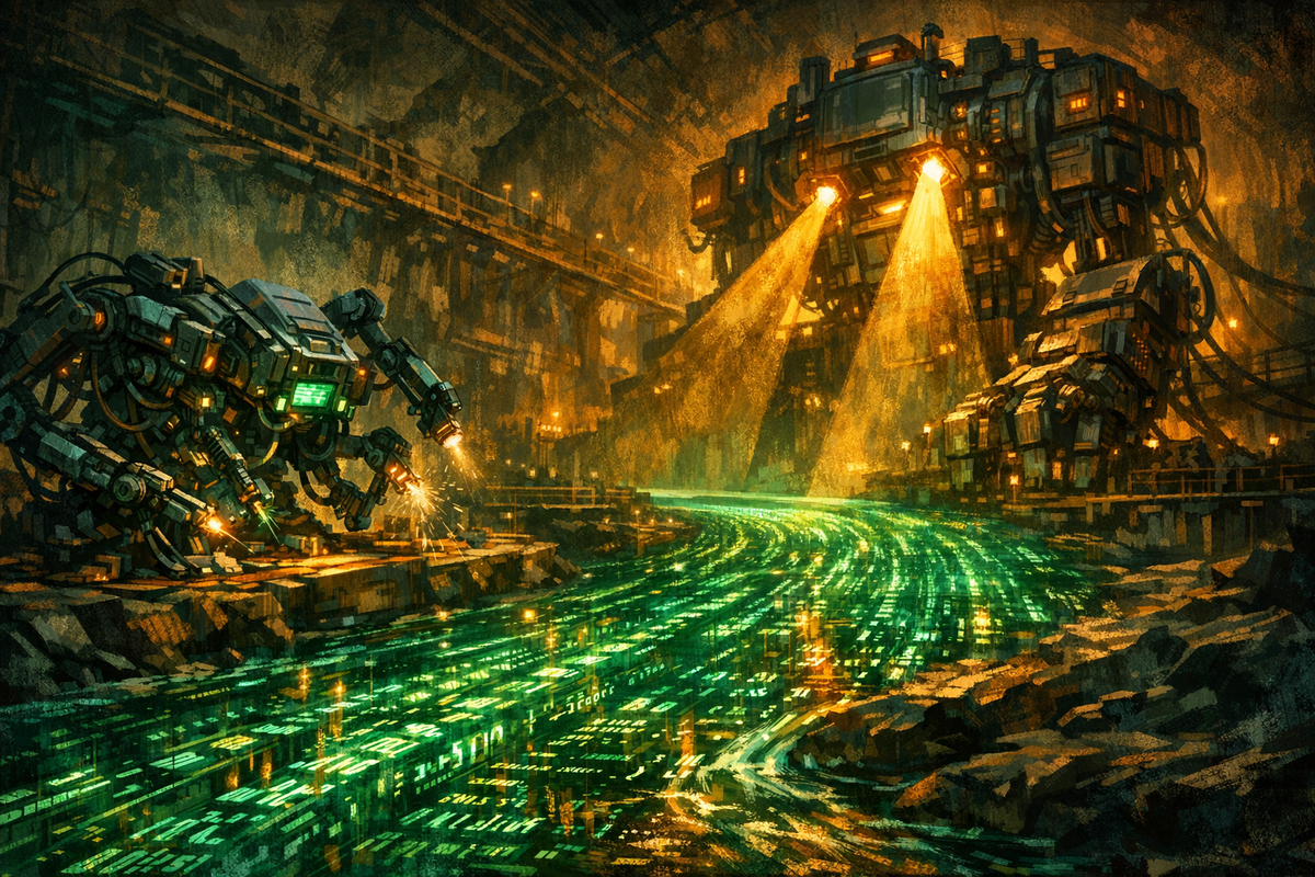Illustration of two large code-scanning machines inspecting a river of glowing source code.