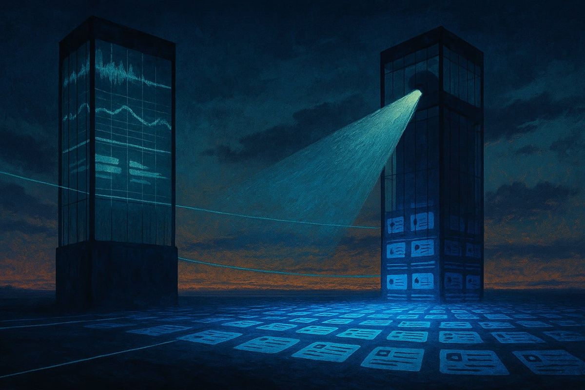 Painterly illustration of two glowing observation towers over a data plain, one charting time-series waveforms and one searching stacked record-cards