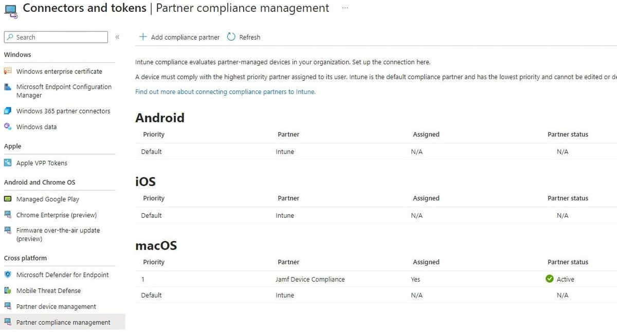 Microsoft Intune admin centre showing the Jamf Device Compliance partner connector reporting as active