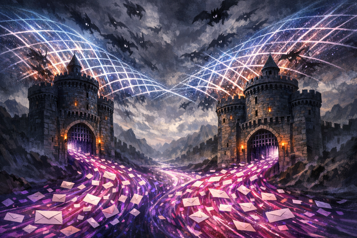 Illustration of two fortified gatehouses filtering a storm of incoming email envelopes rendered as light