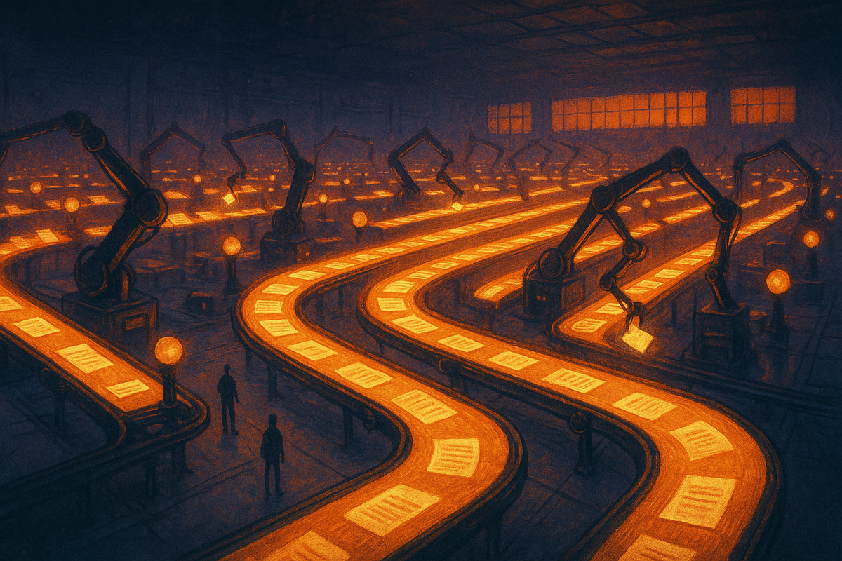 Painterly illustration of enterprise automation with software robots orchestrating document and data flows