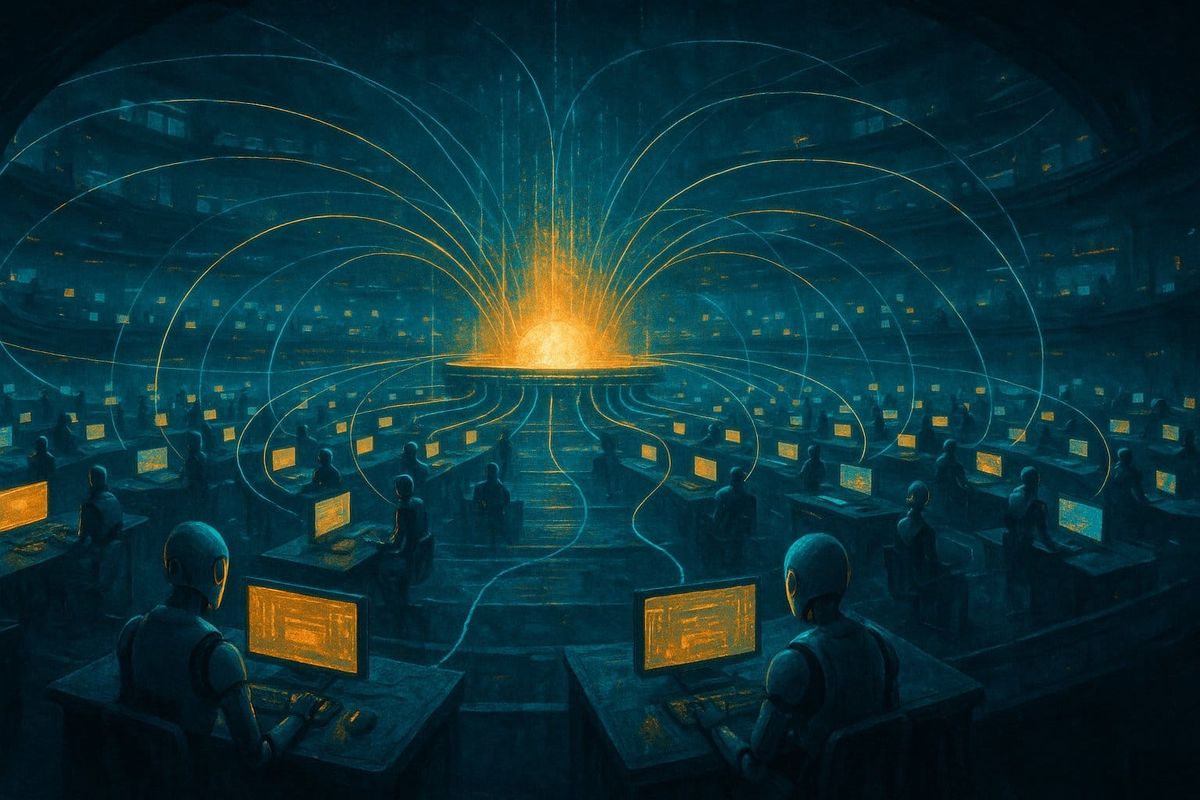 Illustration of autonomous AI agents coordinating in a production control center